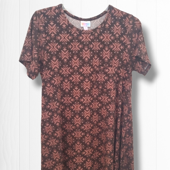 LuLaRoe Women's Carly High Low Brown Print Short Sleeve T-shirt Dress Size Small - Picture 2 of 6